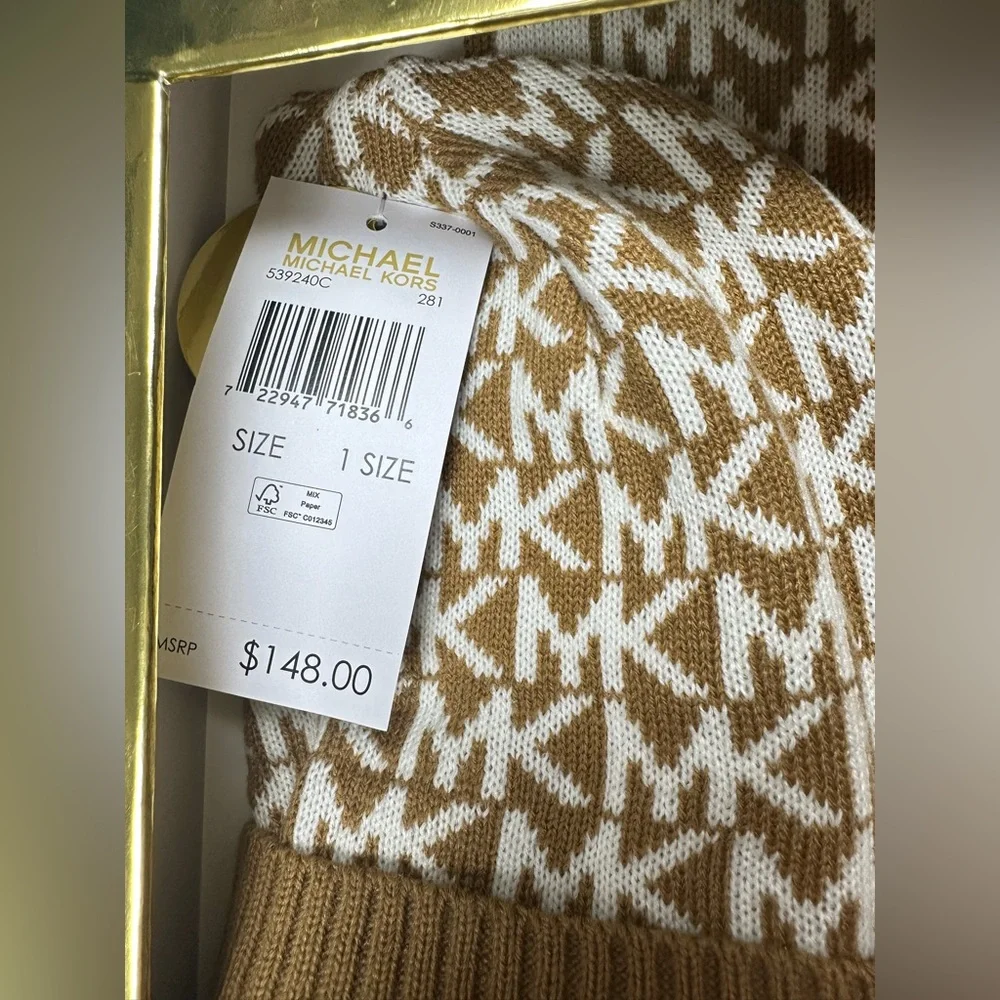 NWT Authentic Michael Kors Knit 3‎ Pieces  Set Hat Scarf Gloves Dark Camel $148